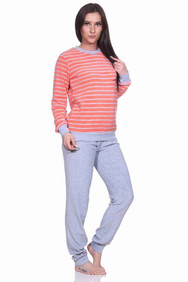 Normann Pyjama Damen Frottee Pyjama langarm mit Bündchen in Streifenoptik von Normann