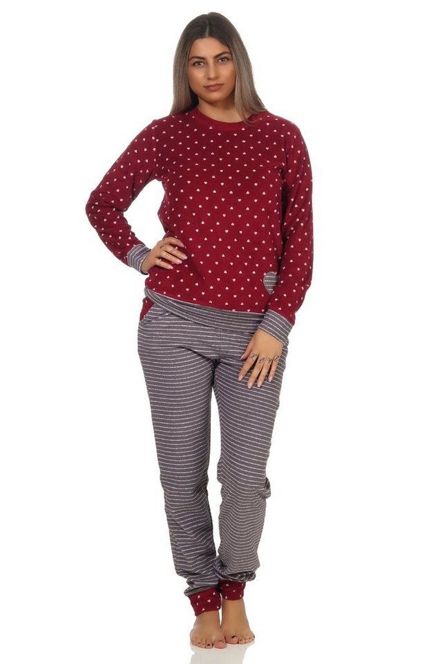 Normann Pyjama Damen Frottee Pyjama mit Bündchen im Herz Tupfen- und Ringeldesign von Normann