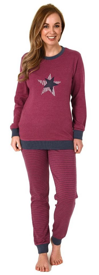 Normann Pyjama Damen Frottee Pyjama mit Bündchenund Stern Motiv Hose gestreift von Normann