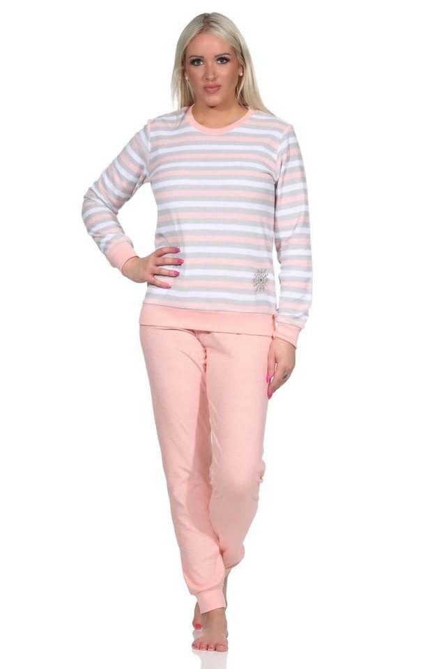Normann Pyjama Damen Frottee Schlafanzug Pyjama in Ringel-Optik + Eiskristall-Motiv von Normann