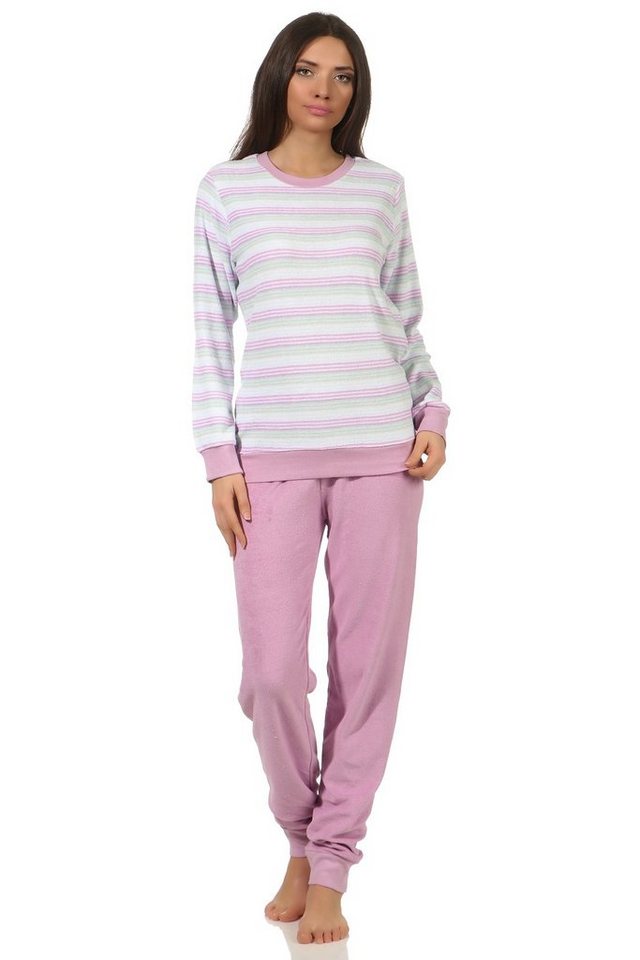 Normann Pyjama Damen Frottee Schlafanzug mit Bündchen Pyjama in Streifenoptik von Normann