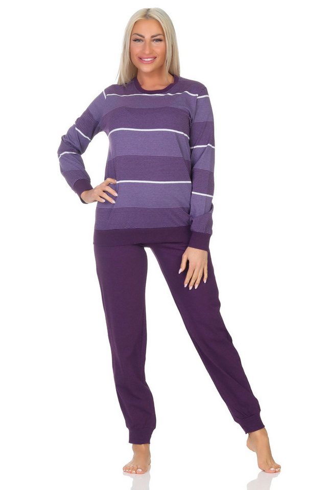 Normann Pyjama Damen Frottee Schlafanzug mit Bündchen in elegantem Streifendesign von Normann