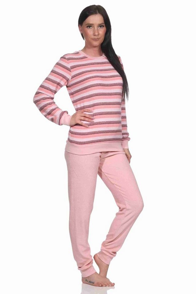 Normann Pyjama Damen Frottee Schlafanzug mit Bündchen in eleganten Streifendesign von Normann