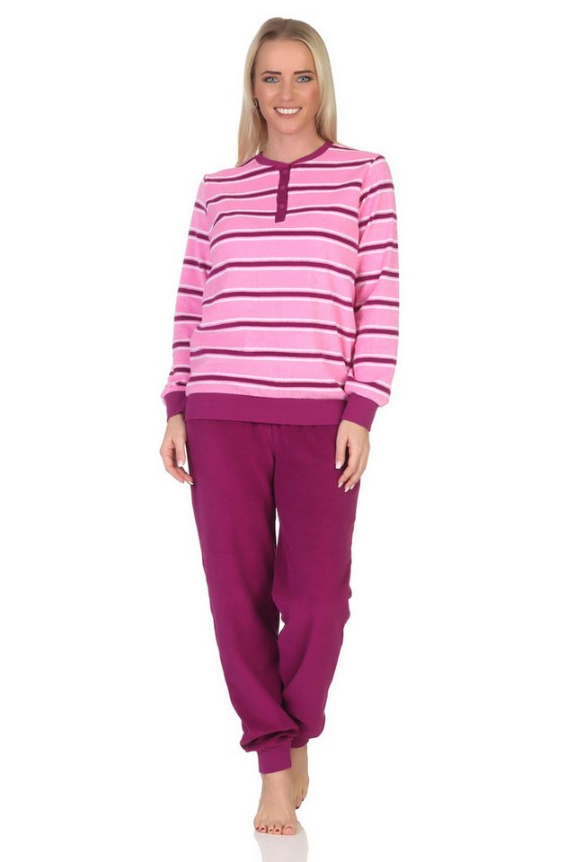 Normann Pyjama Damen Frottee Schlafanzug mit Bündchen in pastelliger Streifen Optik von Normann