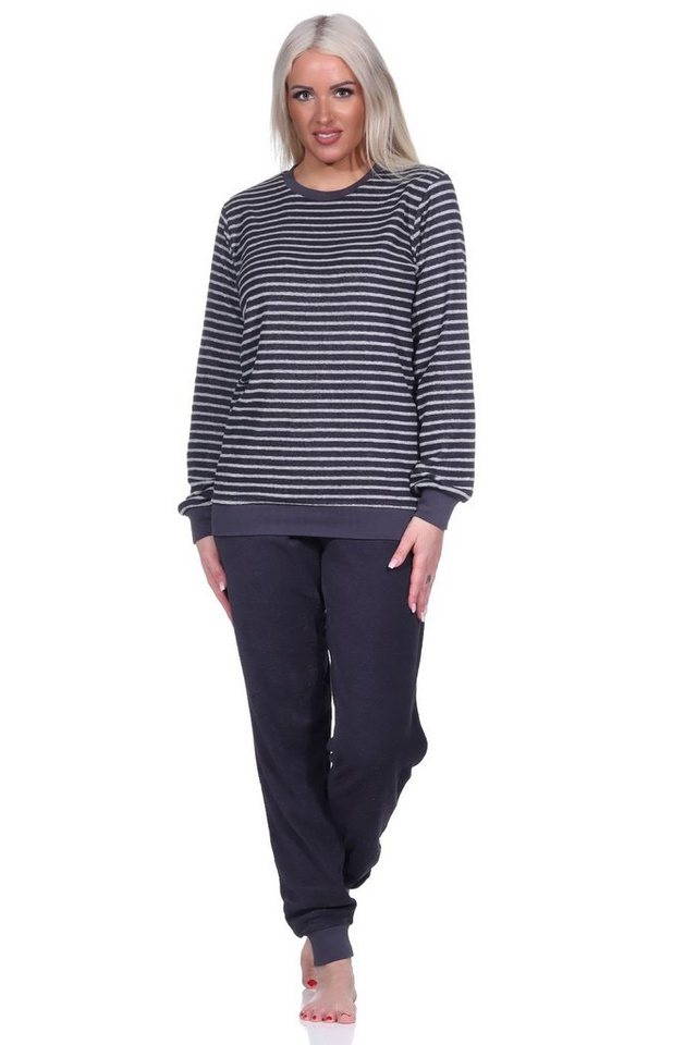 Normann Pyjama Damen Frottee langarm Schlafanzug mit Bündchen in Streifenoptik von Normann