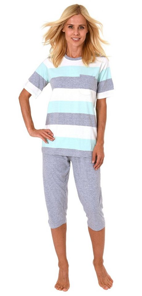 Normann Pyjama Damen Pyjama kurzarm mit Capri Hose in Blockstreifen Optik von Normann