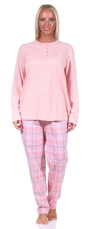 Normann Pyjama Damen Pyjama langarm Schlafanzug mit Karohose und Knopfleiste am Hals von Normann