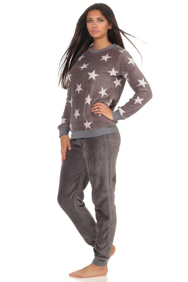 Normann Pyjama Damen Pyjama langarm mit Bündchen aus Coral Fleece in Sterne Optik Normann Pyjama Damen Pyjama langarm mit Bündchen aus Coral Fleece in Sterne Optik von Normann