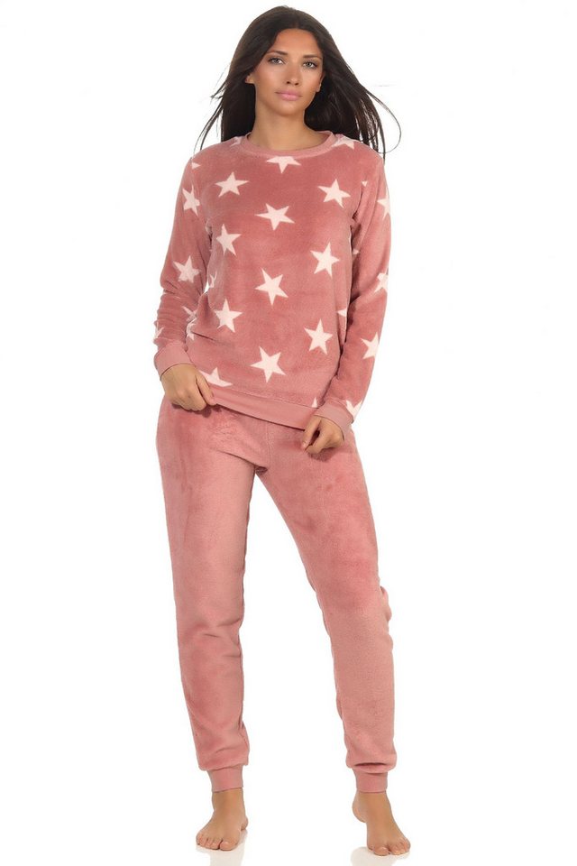Normann Pyjama Damen Pyjama langarm mit Bündchen aus Coral Fleece in Sterne Optik Normann Pyjama Damen Pyjama langarm mit Bündchen aus Coral Fleece in Sterne Optik von Normann