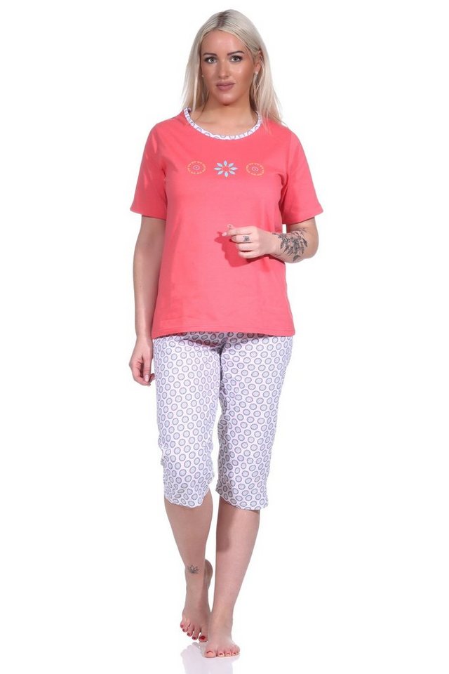 Normann Pyjama Damen Schlafanzug Capri, Pyjama mit Blümchen-Muster und Caprihose von Normann