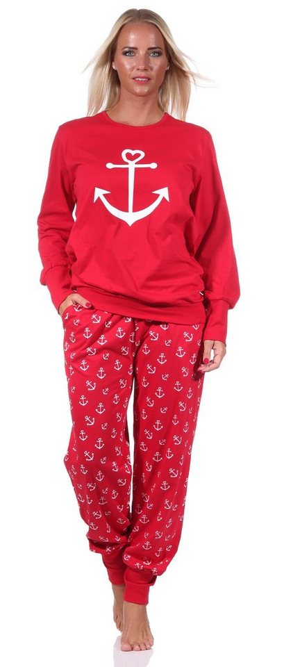 Normann Pyjama Damen Schlafanzug mit Bündchen in maritimer Optik mit Anker als Motiv von Normann