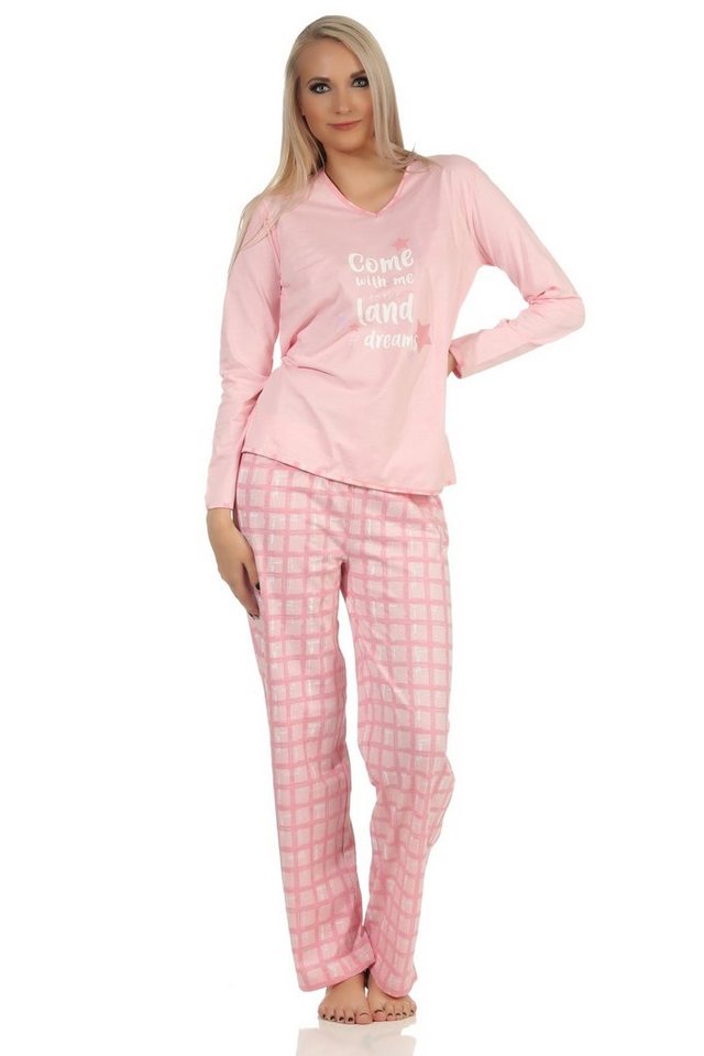 Normann Pyjama Damen Schlafanzug mit karierter Jersey Hose - auch in Übergrößen von Normann