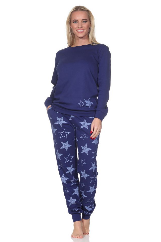 Normann Pyjama Damen Schlafanzug in Kuschel Interlock mit Bündchen in Sterne Optik von Normann