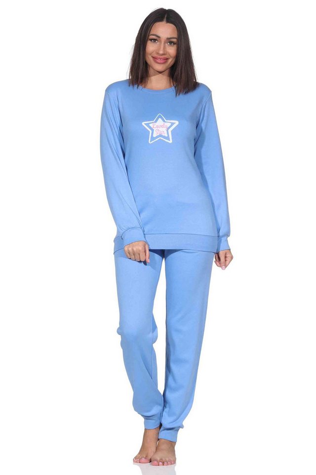 Normann Pyjama Damen Schlafanzug in Kuschel Interlock mit Bündchen in Sterne Optik von Normann