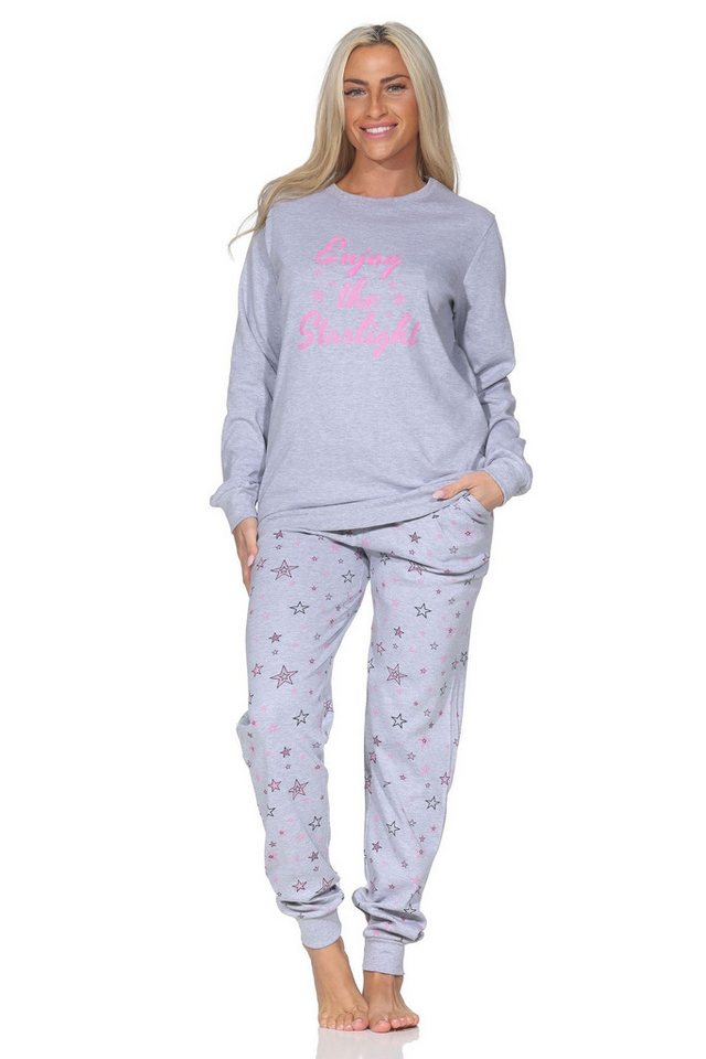 Normann Pyjama Damen Schlafanzug in Kuschel Interlock mit Bündchen in Sterne Optik von Normann