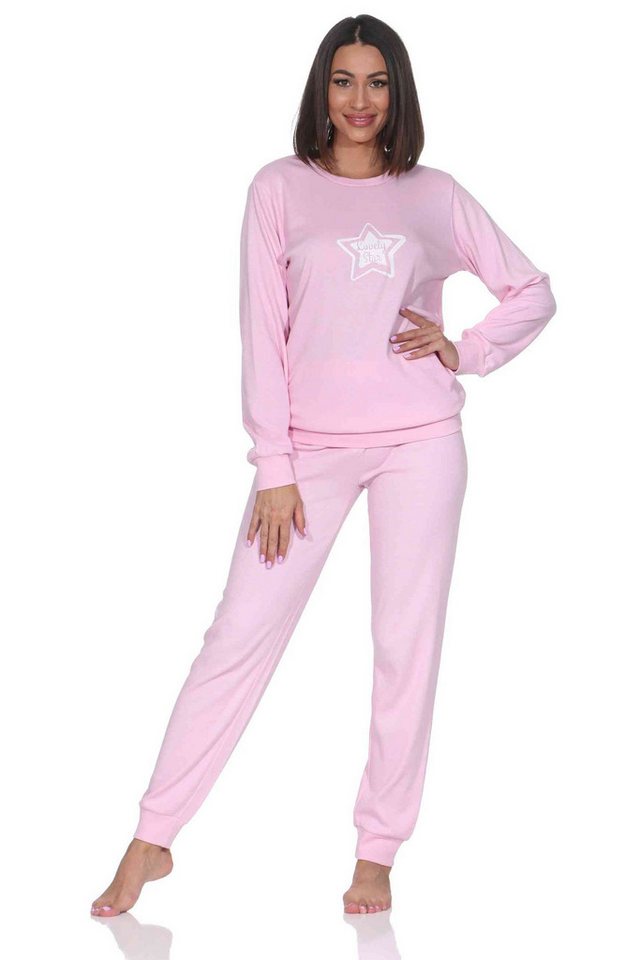 Normann Pyjama Damen Schlafanzug in Kuschel Interlock mit Bündchen in Sterne Optik von Normann