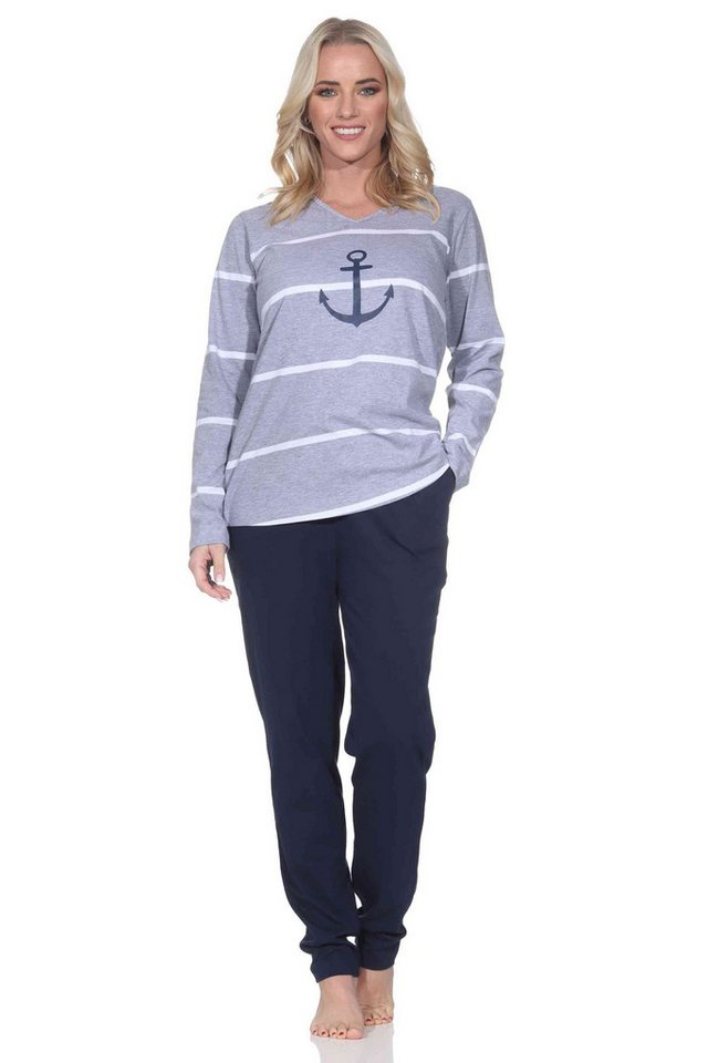Normann Pyjama Damen Schlafanzug in maritimer Optik mit Anker - auch in Übergrößen von Normann