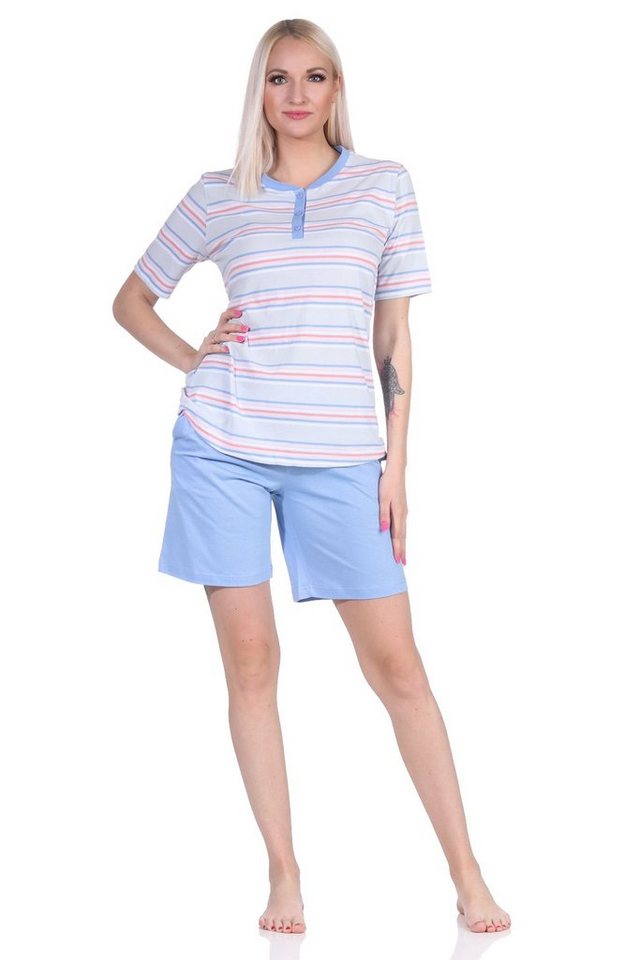 Normann Pyjama Damen Schlafanzug kurzarm Pyjama Shorty in pastellfarbenen Streifen von Normann