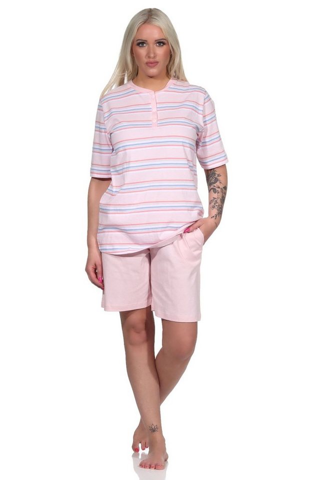 Normann Pyjama Damen Schlafanzug kurzarm Pyjama Shorty in pastellfarbenen Streifen von Normann