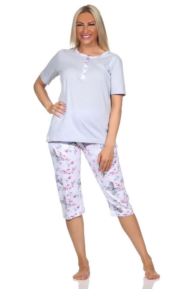 Normann Pyjama Damen Schlafanzug kurzarm mit Capri-Hose in floralem Print von Normann