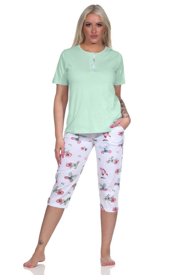 Normann Pyjama Damen Schlafanzug kurzarm mit Capri-Hose in floralem Print von Normann