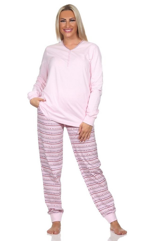Normann Pyjama Damen Schlafanzug lang mit Bündchen im Ethnolook - auch in Übergrößen von Normann