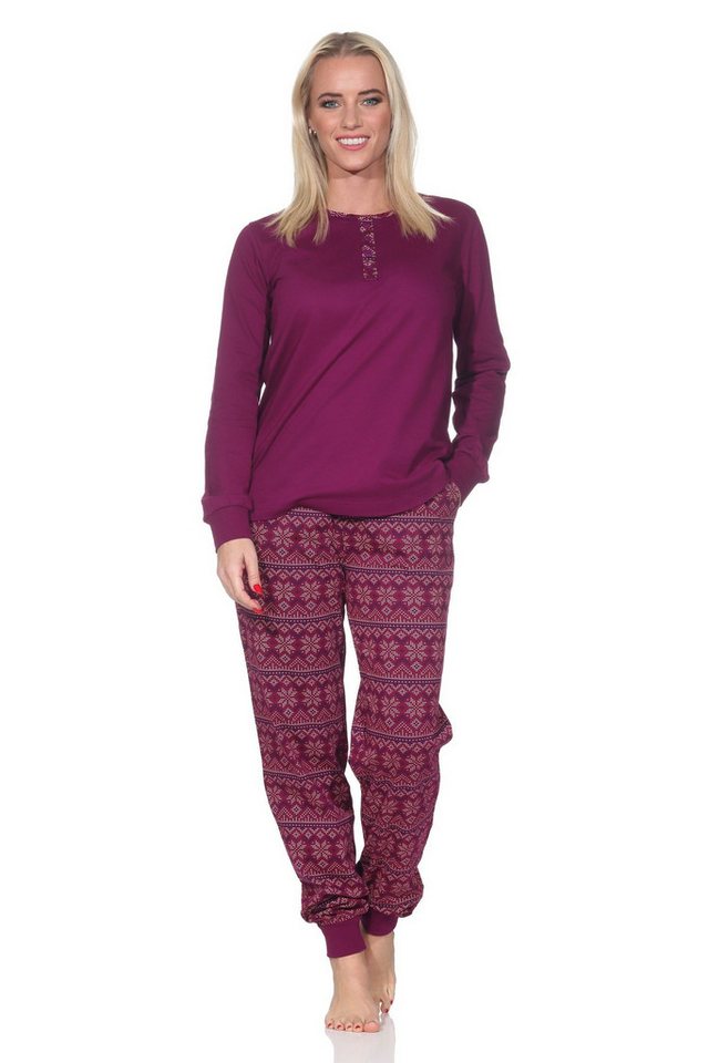 Normann Pyjama Damen Schlafanzug lang mit Bündchen im Ethnolook - auch in Übergrößen von Normann