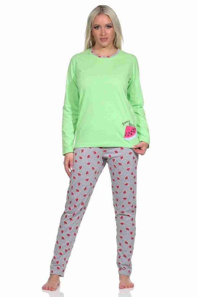 Normann Pyjama Damen Schlafanzug lang mit Melone als Motiv, Hose allover bedruckt von Normann