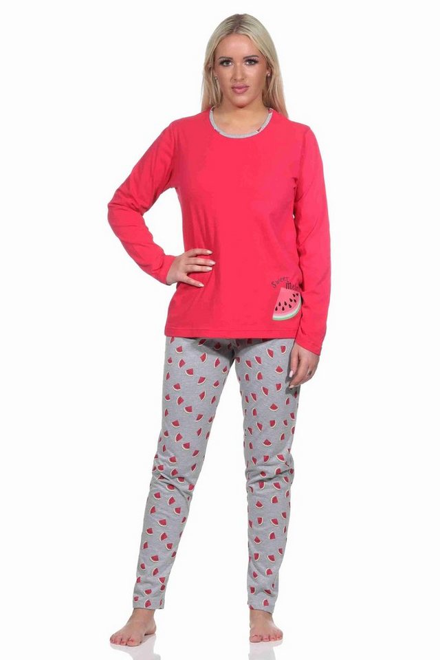 Normann Pyjama Damen Schlafanzug lang mit Melone als Motiv, Hose allover bedruckt von Normann