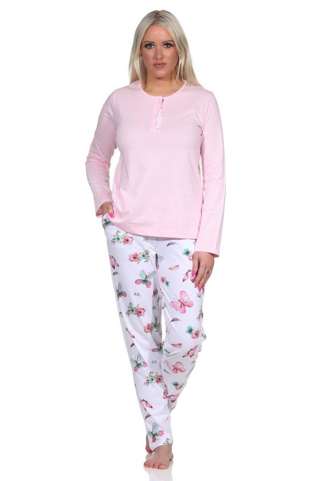 Normann Pyjama Damen Schlafanzug lang mit Pyjamahose in floralem Schmetterlings Look von Normann