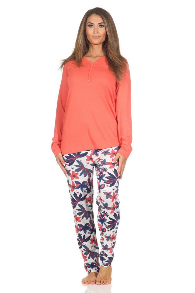 Normann Pyjama Damen Schlafanzug langarm in floralem Design - auch in Übergrößen von Normann