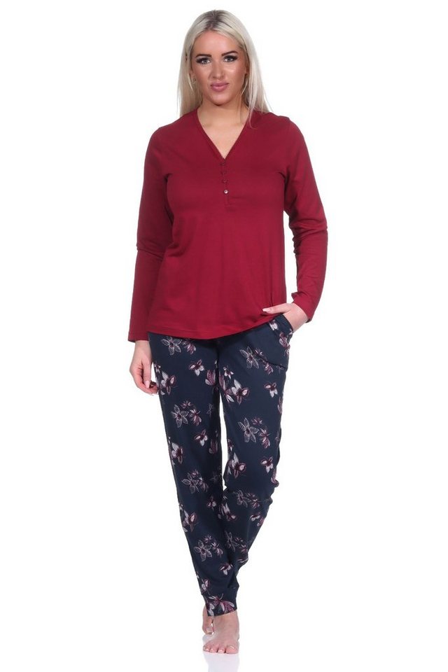 Normann Pyjama Damen Schlafanzug langarm in floralem Design - auch in Übergrößen von Normann