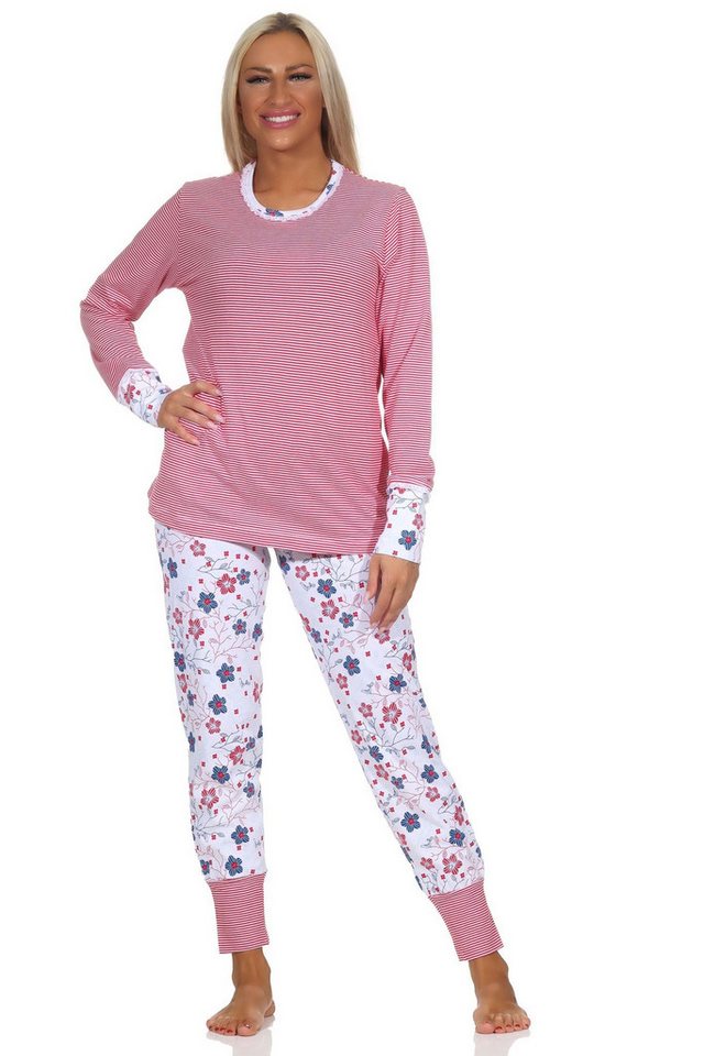 Normann Pyjama Damen Schlafanzug mit Bündchen, Oberteil gestreift -auch in Übergröße von Normann