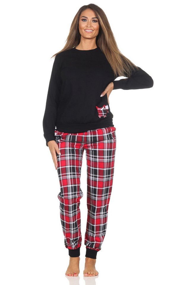 Normann Pyjama Damen Schlafanzug mit Bündchen mit Karohose und niedlichen Tiermotiv von Normann