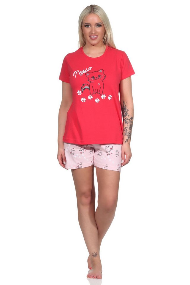 Normann Pyjama Damen Shorty Pyjama, niedlicher Schlafanzug mit Katzen-Motiv -   von Normann