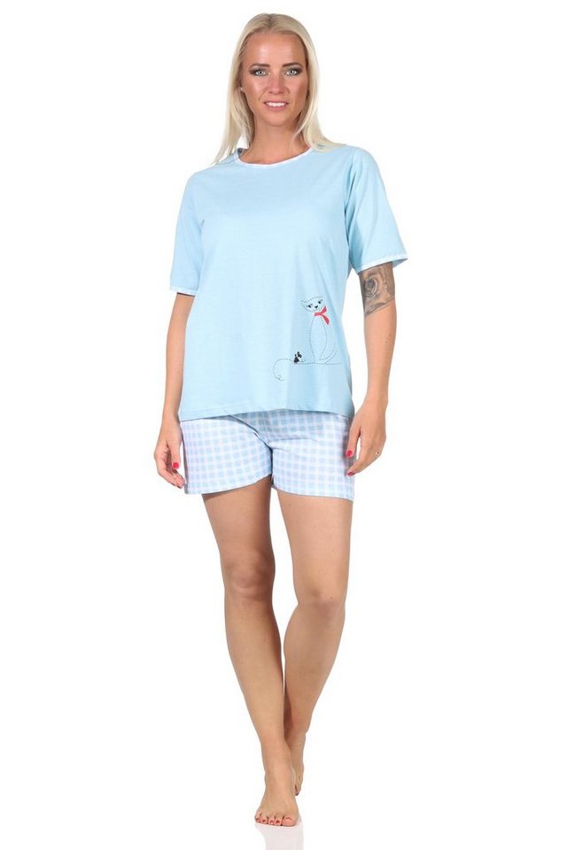 Normann Pyjama Damen Shorty Schlafanzug kurzarm mit süßem Katzen-Motiv - 66334 von Normann