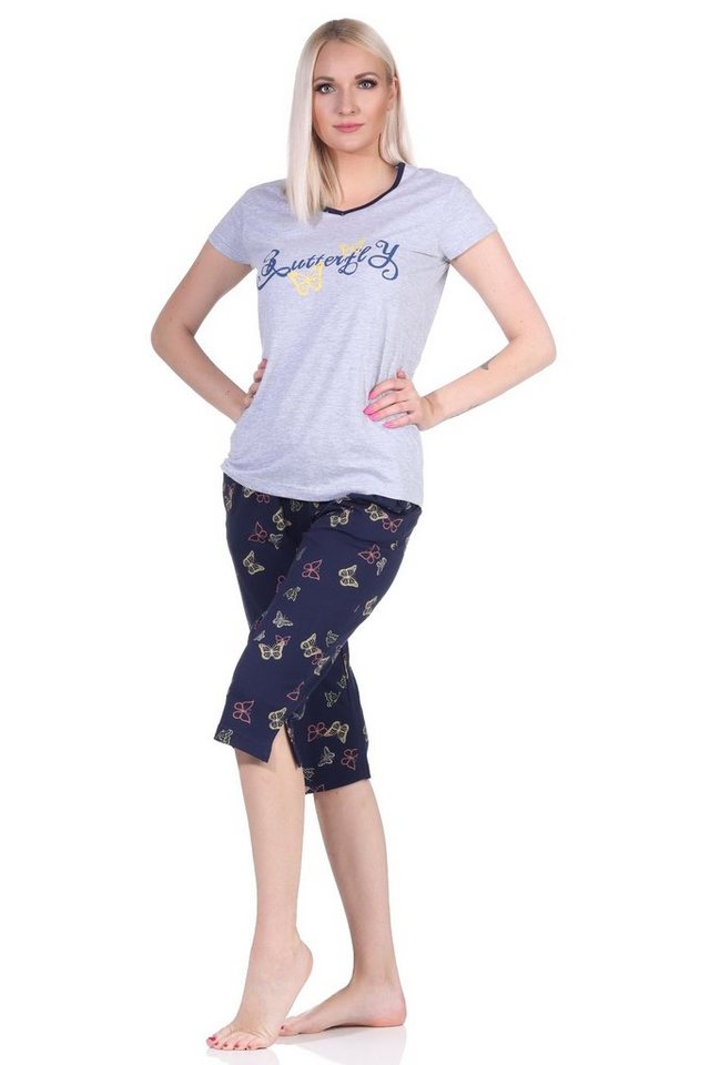 Normann Pyjama Damen kurzarm Capri Schlafanzug mit Schmetterling als Motiv von Normann