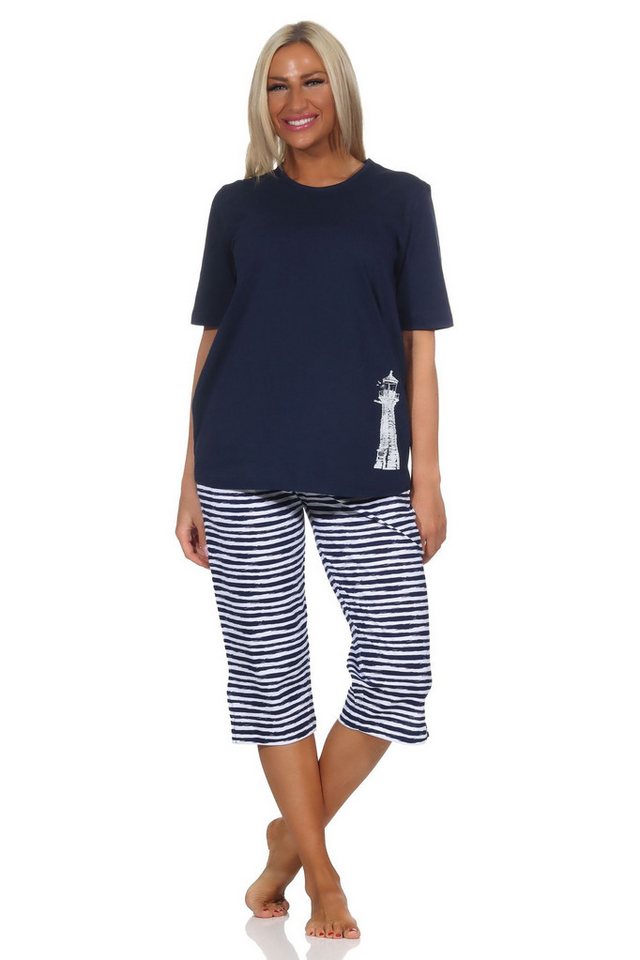 Normann Pyjama Damen kurzarm Capri Schlafanzug in maritimer Optik -auch in Übergröße von Normann