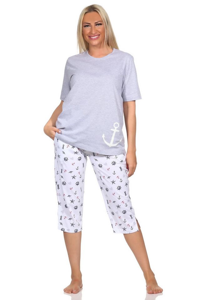 Normann Pyjama Damen kurzarm Capri Schlafanzug in maritimer Optik -auch in Übergröße von Normann