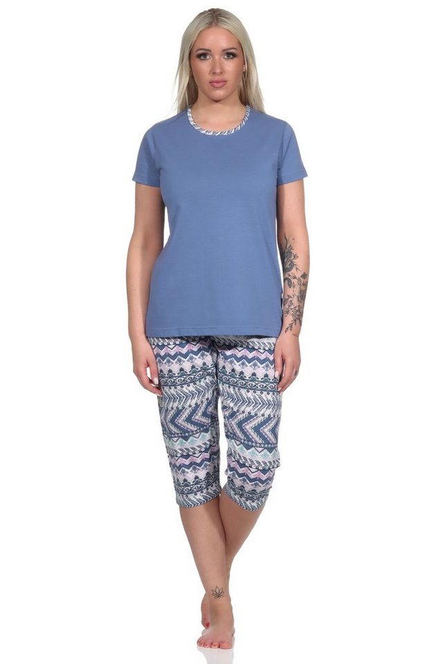 Normann Pyjama Damen kurzarm Schlafanzug mit Caprihose im Ethnolook von Normann