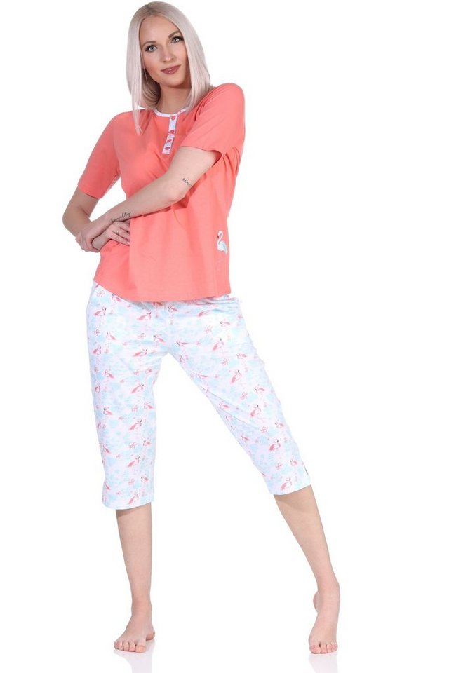 Normann Pyjama Damen Capri kurzarm Schlafanzug mit Flamingo Motiv von Normann