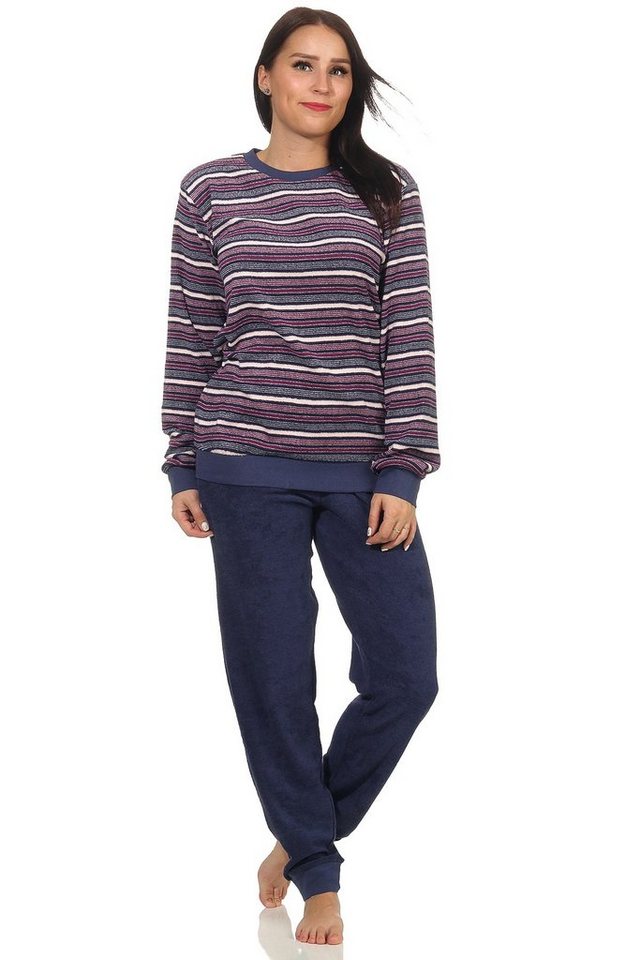 Normann Pyjama Damen Frottee Pyjama langarm Schlafanzug mit Bündchen Streifenoptik von Normann