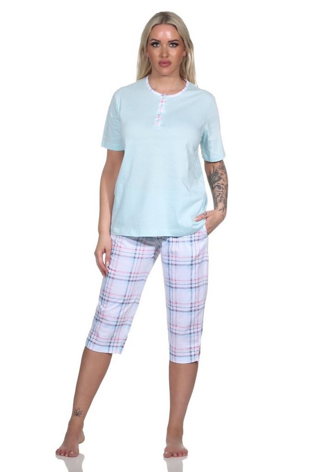 Normann Pyjama Damen Schlafanzug kurzarm mit karierter Capri Hose aus Jersey von Normann