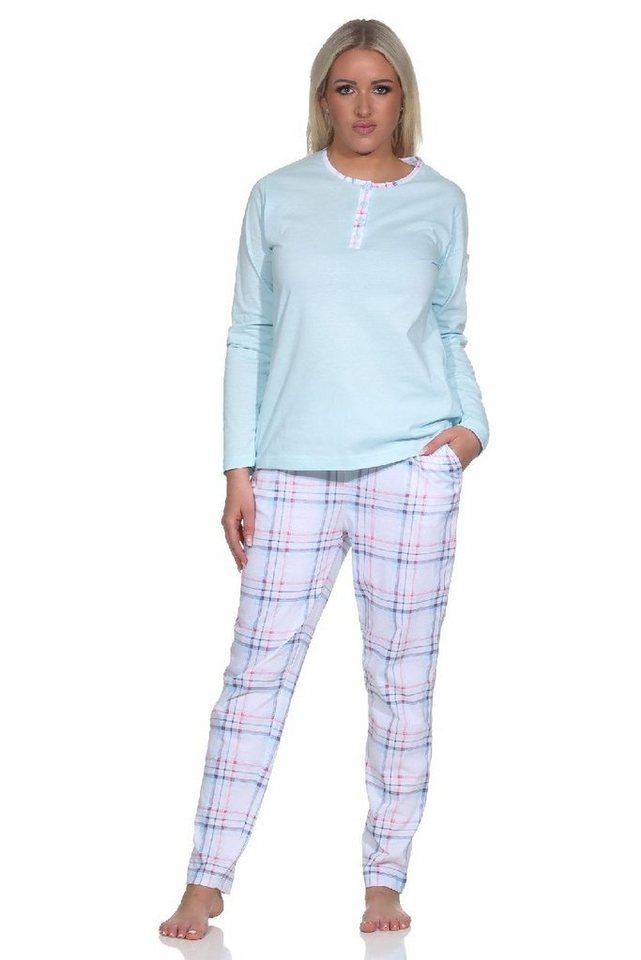 Normann Pyjama Damen Schlafanzug langarm Pyjama mit karierter Hose aus Jersey von Normann