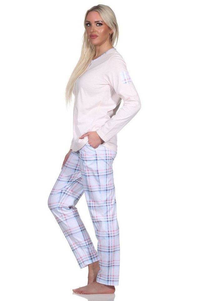 Normann Pyjama Damen Schlafanzug langarm Pyjama mit karierter Hose aus Jersey von Normann