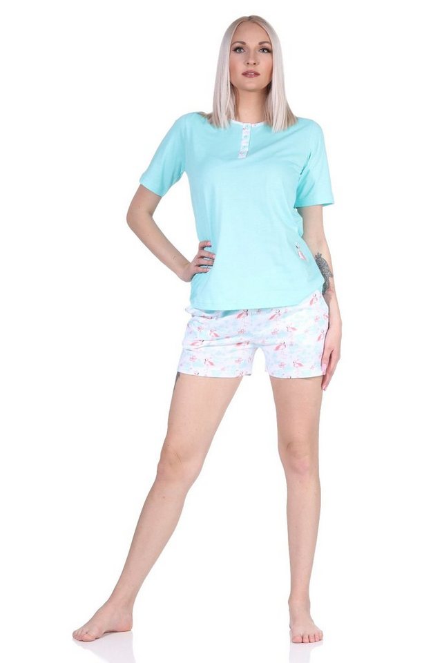 Normann Pyjama Damen Shorty kurzarm Schlafanzug mit Flamingo Motiv von Normann