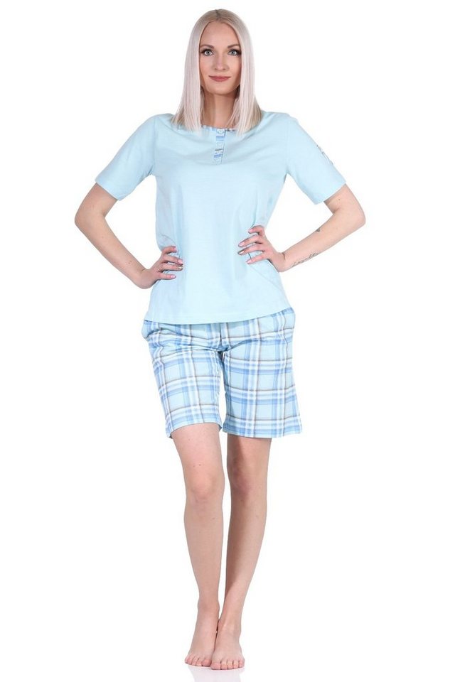 Normann Pyjama Damen kurzarm Schlafanzug Shorty mit karierter Hose aus Jersey von Normann