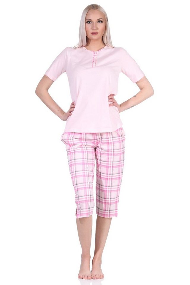 Normann Pyjama Damen kurzarm Schlafanzug mit karierter Capri-Hose aus Jersey von Normann