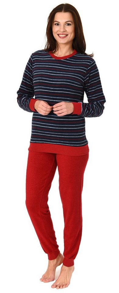 Normann Pyjama Damen Frottee Pyjama langarm mit Bündchen in Streifenoptik von Normann