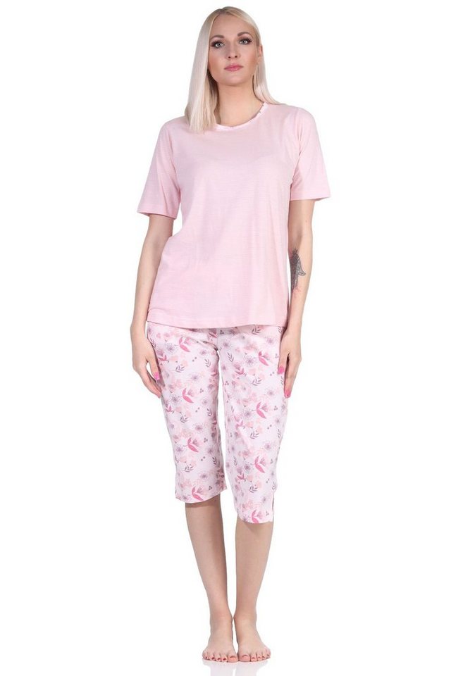 Normann Pyjama Damen Schlafanzug kurzarm mit Capri-Hose und Spitze von Normann